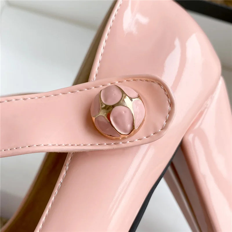 Elegant Women's High Heels Mary Janes Shoes Patent Red Pink White Heeled Party Wedding Shoes Female Dress Pumps Large Size 45
