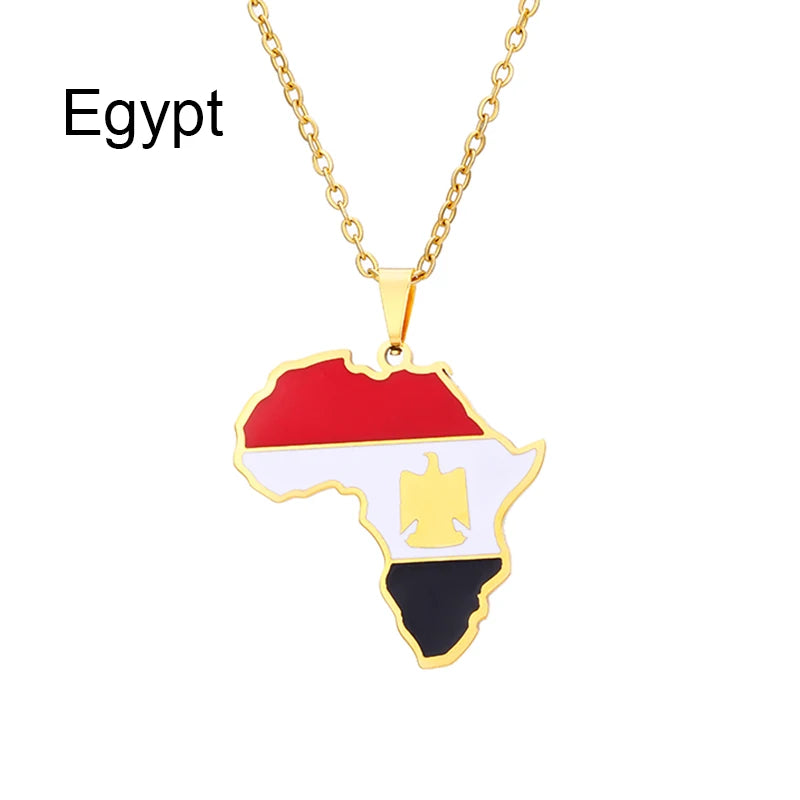 African Map Flag Pendant Necklace Stainless Steel Men Women Rwanda Sudan Uganda Zimbabwe Zambia Ethnic Maps Jewelry Gift