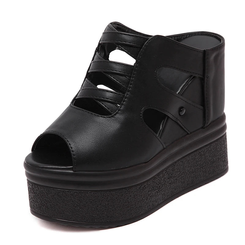 Gdgydh Open Toe Platform Mules Sandals Wedges Shoes For Women American High Heels Hollow Out Black Vegan Leather Backless