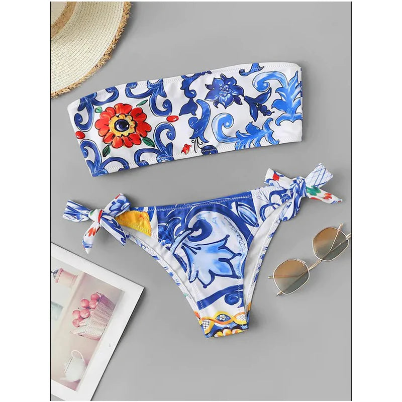 Sexy Digital Print Ethnic Style Tube Top Bikini European And American Swimwear Ladies Swimwear Beachwear New