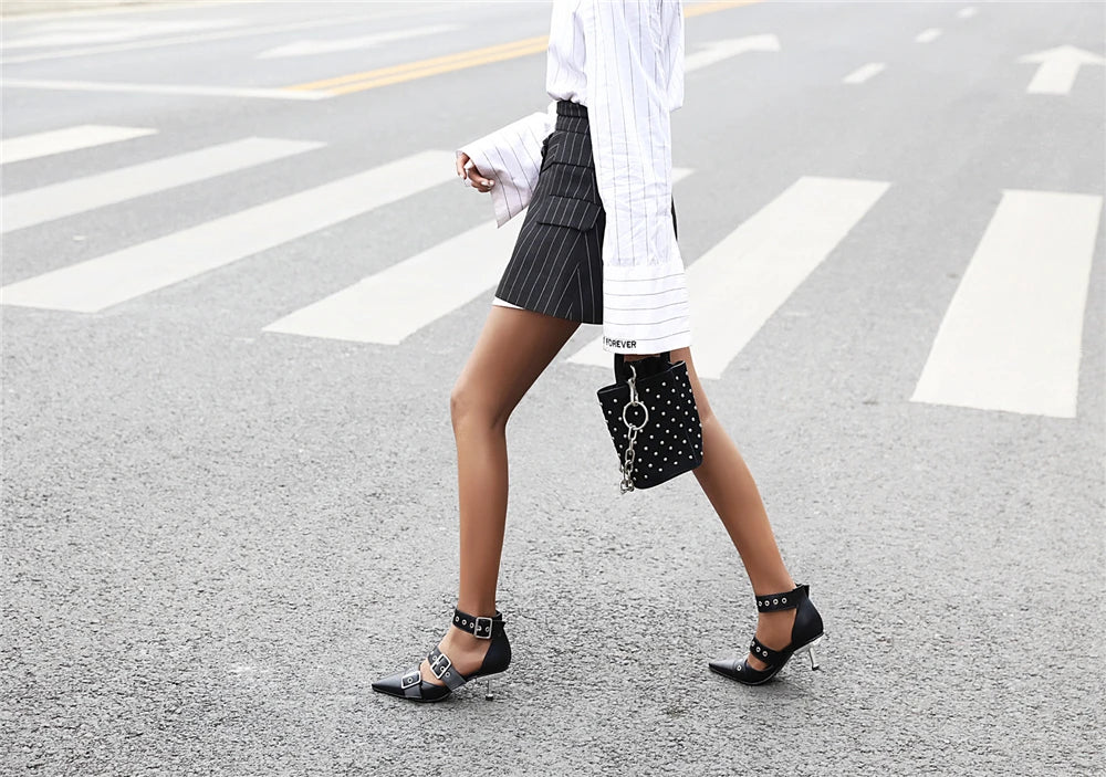 2025 Spring New Women Gladiator Pump Thin High Heels Pointed Toe Ankle Strap Buckle Party Ladies Sandals Shoes Zapatos Mujer
