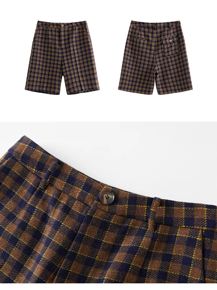 DUSHU Women's Winter Retro Corduroy Black Padded Shorts Plaid Loose Commuter Wide Leg Short Pants Women High Waisted Pants