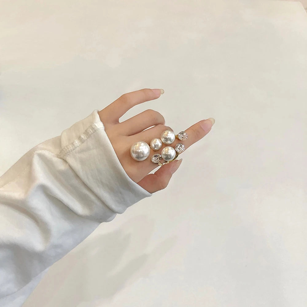 Elegant Retro Oversize Multi Pearl Rings for Women Lady Shiny Crystal Rhinestone Irregular Charm Open Rings Jewelry