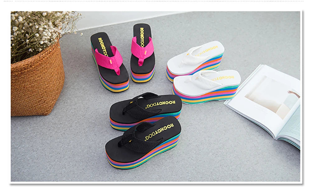 Women Flip Flops Beach Shoes Wedge Sandals Super High 10CM Heels Casual Peep Toe Platform Slippers Rainbow Summer Woman Slippers
