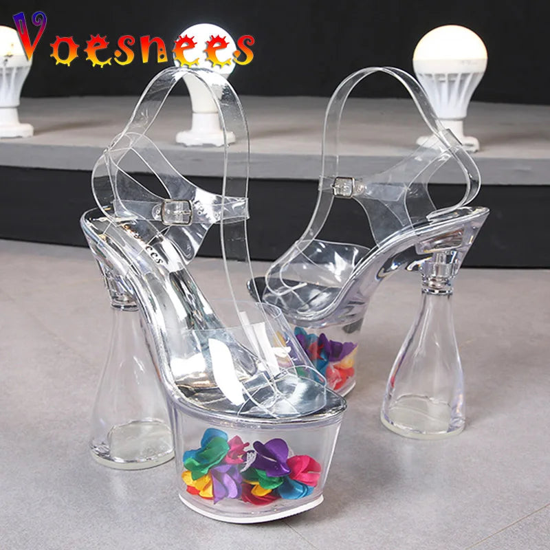 Women High Heels Summer 17.5CM Transparent Ladies Silver Party PVC Sandals Sexy Female Open Toe High Platform Nightclub Shoes