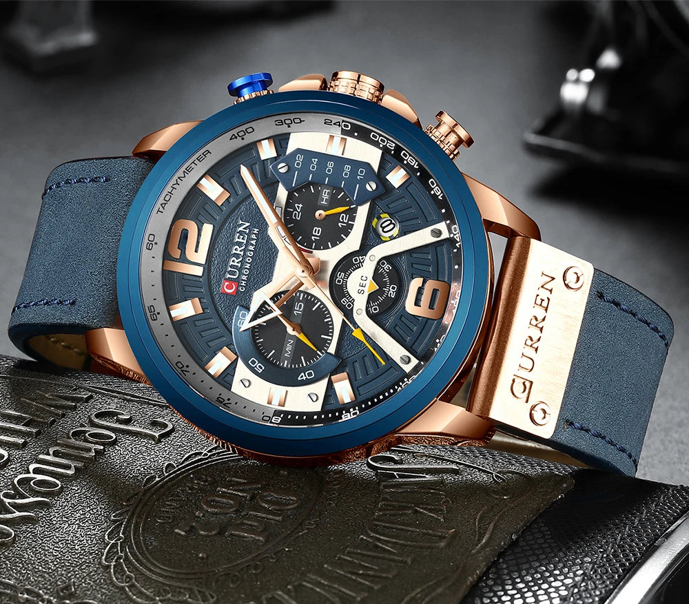 CURREN New Men's Casual Sports Chronograph Blue Top Brand Luxury Military Leather Watch Calendar Clock Relogio Masculino