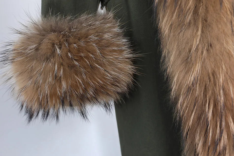 Maomaokong Winter Woman Natural Fur Overcoat Plus Size Black Parkas Raccoon Real Fur Lining Extra Larg Warm Jacket Coats Long