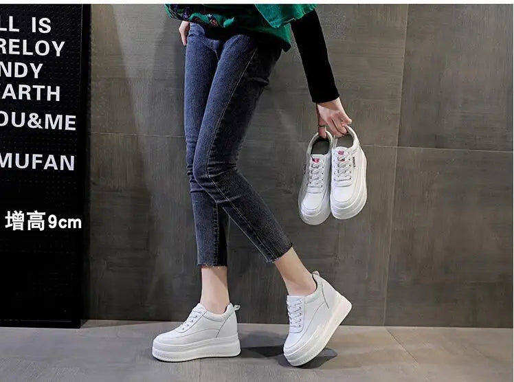 New Spring Autumn White Hidden Wedge Heels Casual Shoes Woman 9CM Platform Shoes Elevator High-heels Walking Sneakers Women