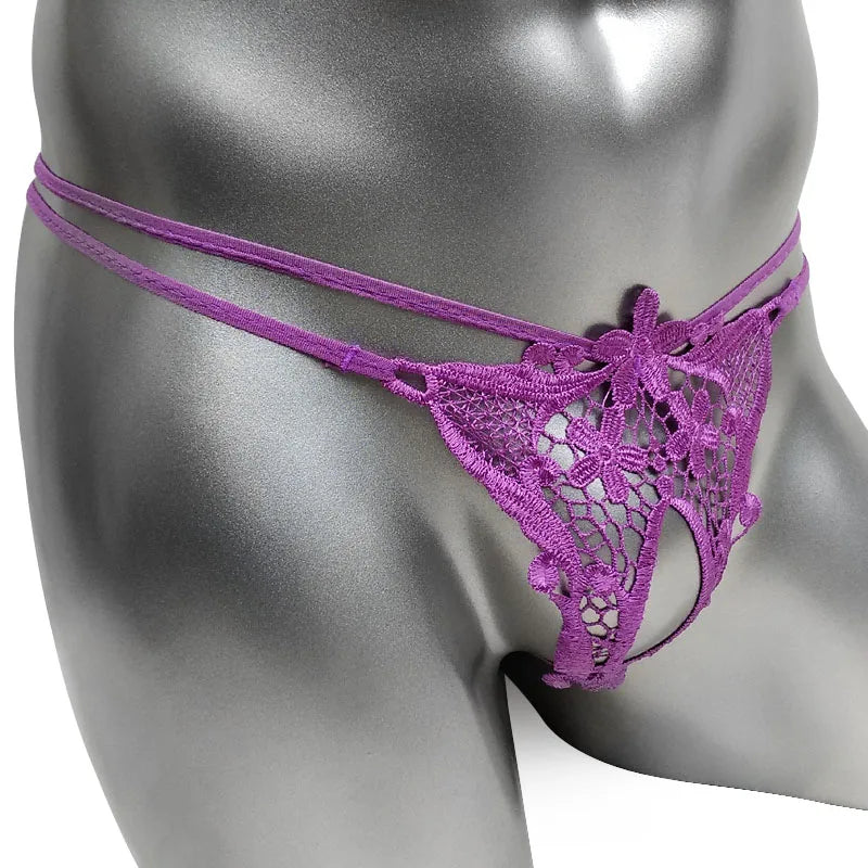 Hot Men Lingerie G-String Bikini Underwear with Penis Holes Gay Male Thong Cute Lace Sissy Panties Underpants