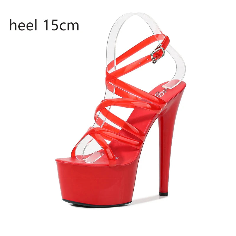 2022 Summer 15cm 17cm 20cm Transparent PVC Strap Sandals Women High Heels Platform Shoes Woman Cross Strap Sandals Big Size 43