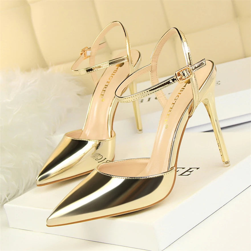 11 Colors Fashion Patent Leather Shallow Women Sandals 2025 Summer Pointy Toe Ankle Buckle High Heels Female Wedding Shoes Party