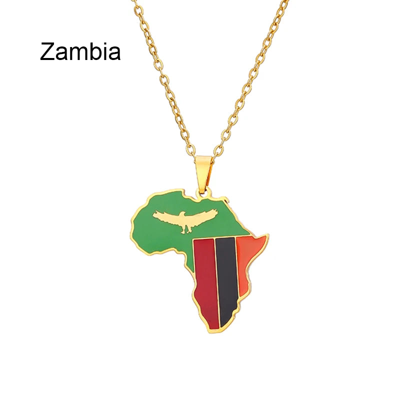 African Map Flag Pendant Necklace Stainless Steel Men Women Rwanda Sudan Uganda Zimbabwe Zambia Ethnic Maps Jewelry Gift