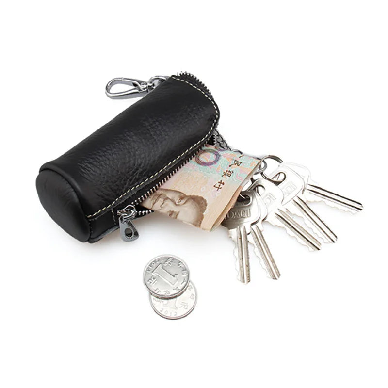 Soft  Genuine Cow Leather Housekeeper Small Round Columnar Key Holder Car Key Wallet Coin Pouch Purse key bag