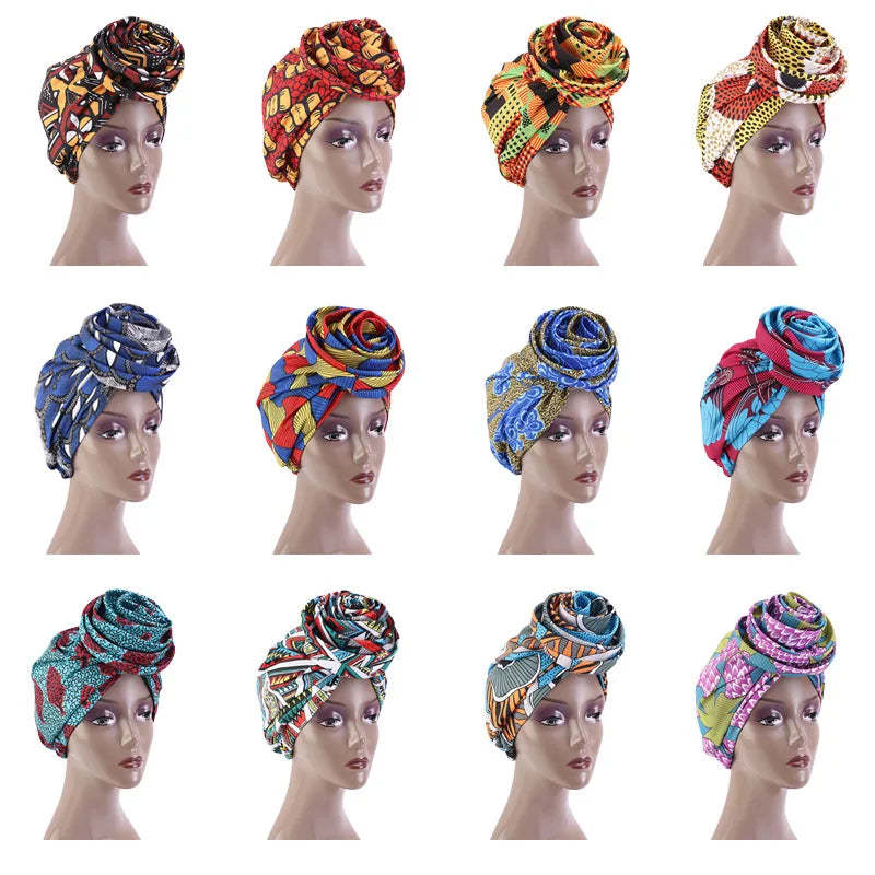 African Print Stretch Bandana Head Wrap Long Scarf Satin Floral Ankara Dashiki Women Party Turban Headwear Cap Hair Accessories