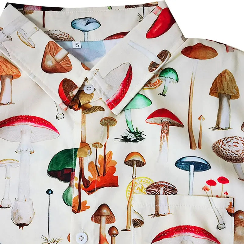 New Summer Men Hawaiian Style Shirt Fashion Casual Streetwear Turn-down Collar Short Sleeve Cartoon Mushroom Beach Printed Shirt