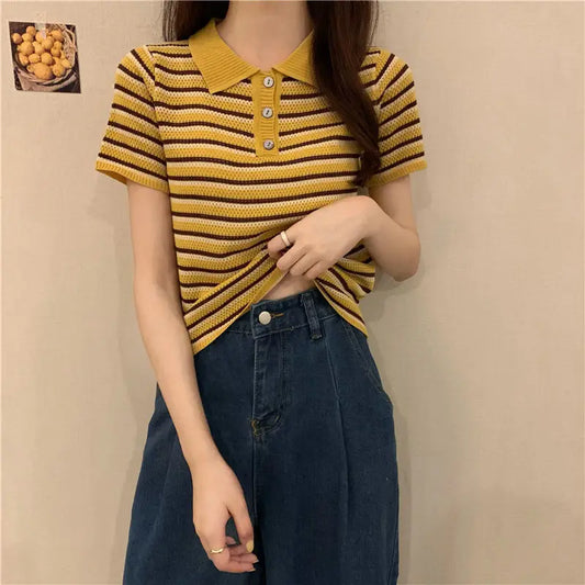 Woman TShirts Top Summer Women's 2021 Striped Knitted Short-Sleeved  Crop Top Mujer Camisetas