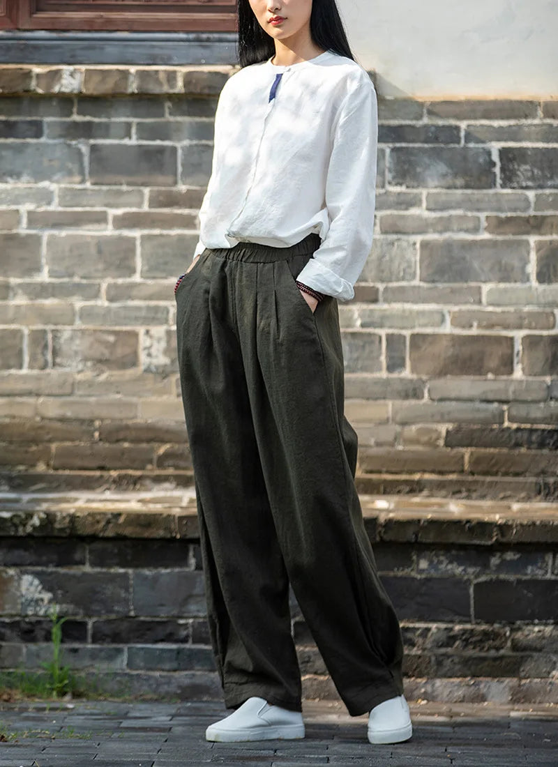 Johnature Women Loose Cotton Linen Casual Pants Solid Color Elastic Waist Lantern Pants 2025 Spring New Female Trousers