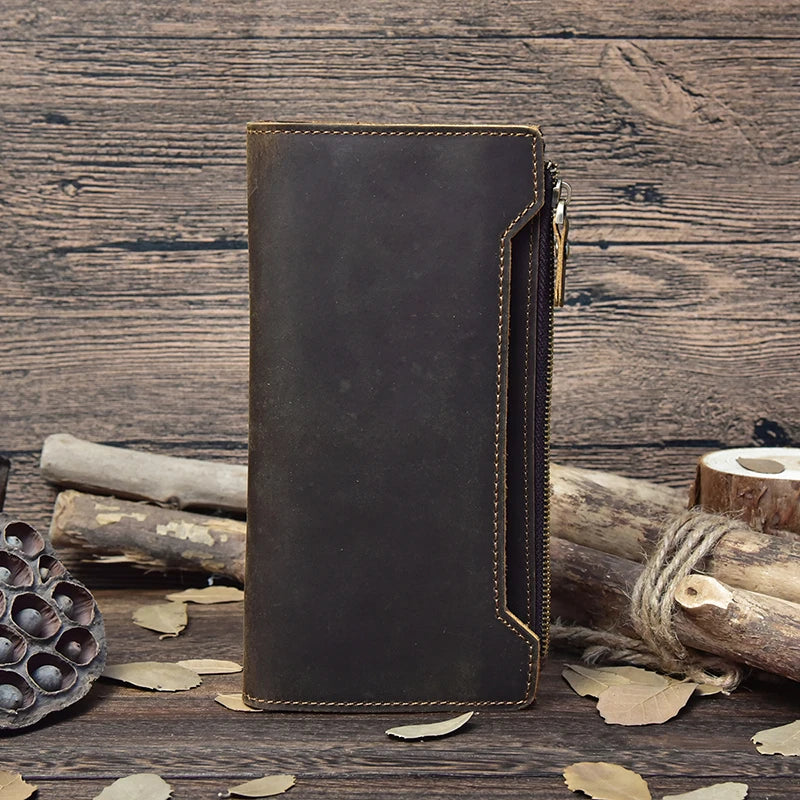 Men's Crazy Horse Leather Long Wallet Brown Real leather Trifold clutch snap purse Hasp purse with Phone pocket and coin pocket