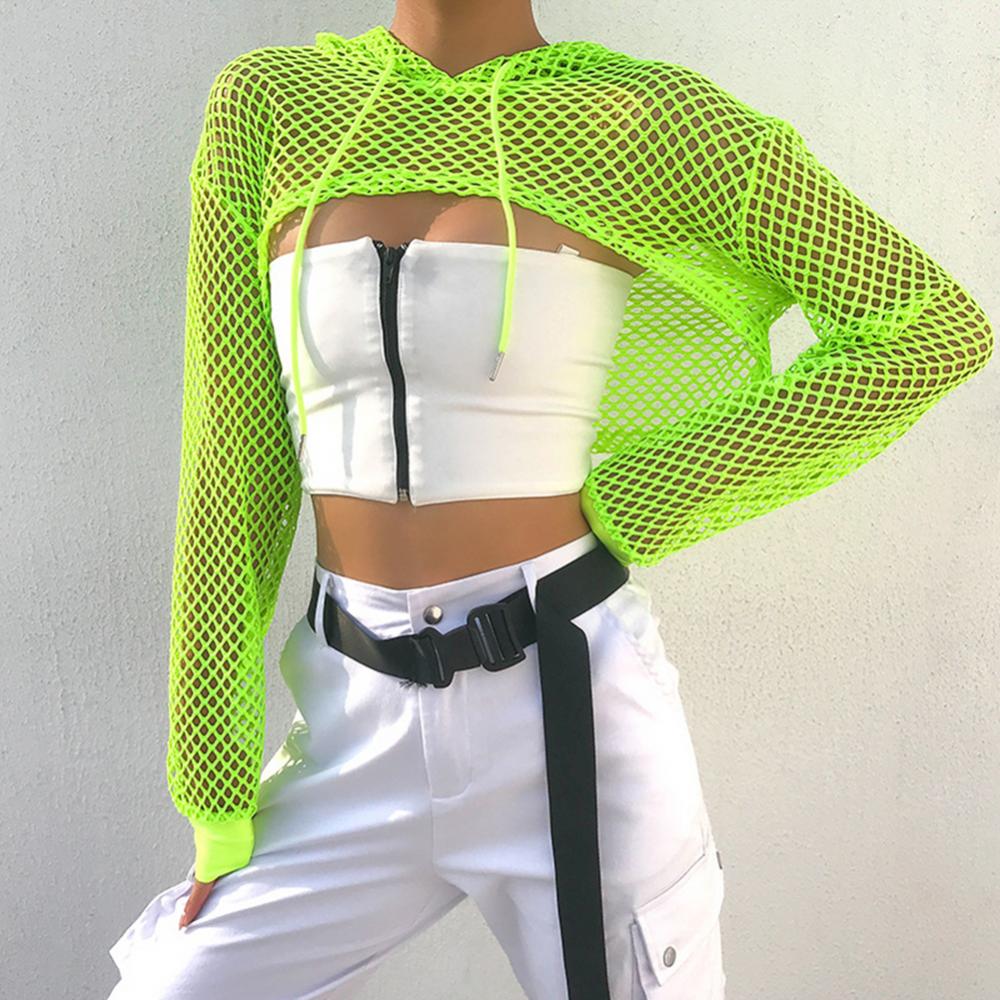 Hot Women t shirt Casual Vest Bra Cover Fish Net Hollow out Drawstring Micro Length Hoodie Crop Tanks Top Oversize Women t shirt