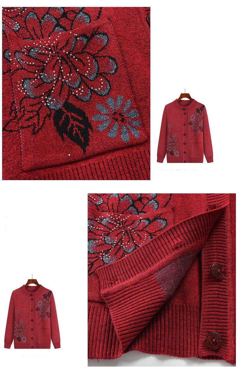 Grandma Embroidered Knit Cardigan Jacket Autumn Winter Loose O Neck Long Sleeve Pocket Sweater Coat Casual Female Outwear Tops