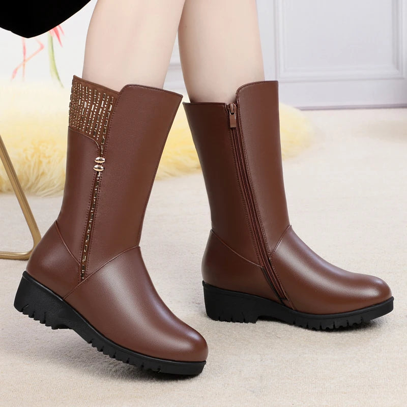 GKTINOO 2026 New Winter Cow Leather Boots For Women Shoes Wedges Inside Plush Wool Snow Boots Plus Size In-tube Boot Women Boots