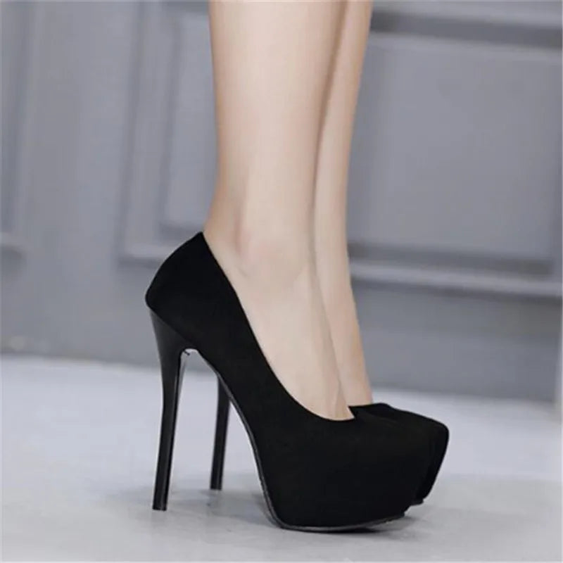 Women's Super High Heels Flock Platform Pumps Night Club Sexy Thin Heel plus Size Big Footwear 14cm