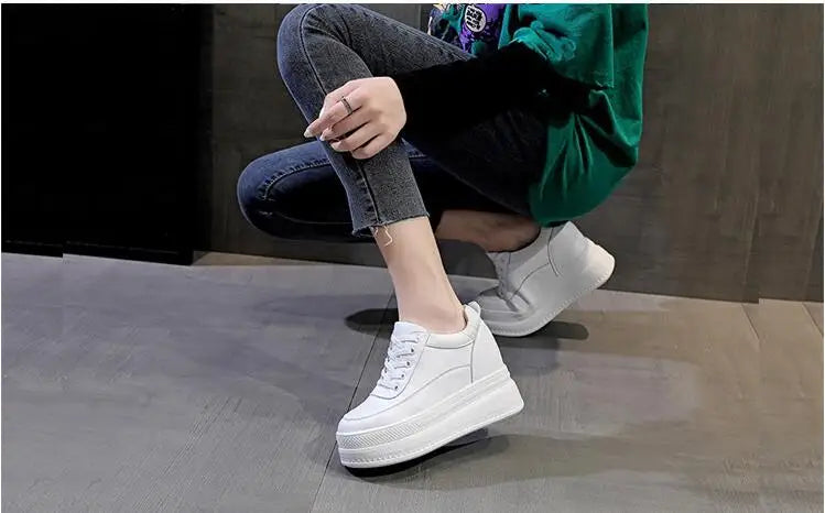 New Spring Autumn White Hidden Wedge Heels Casual Shoes Woman 9CM Platform Shoes Elevator High-heels Walking Sneakers Women