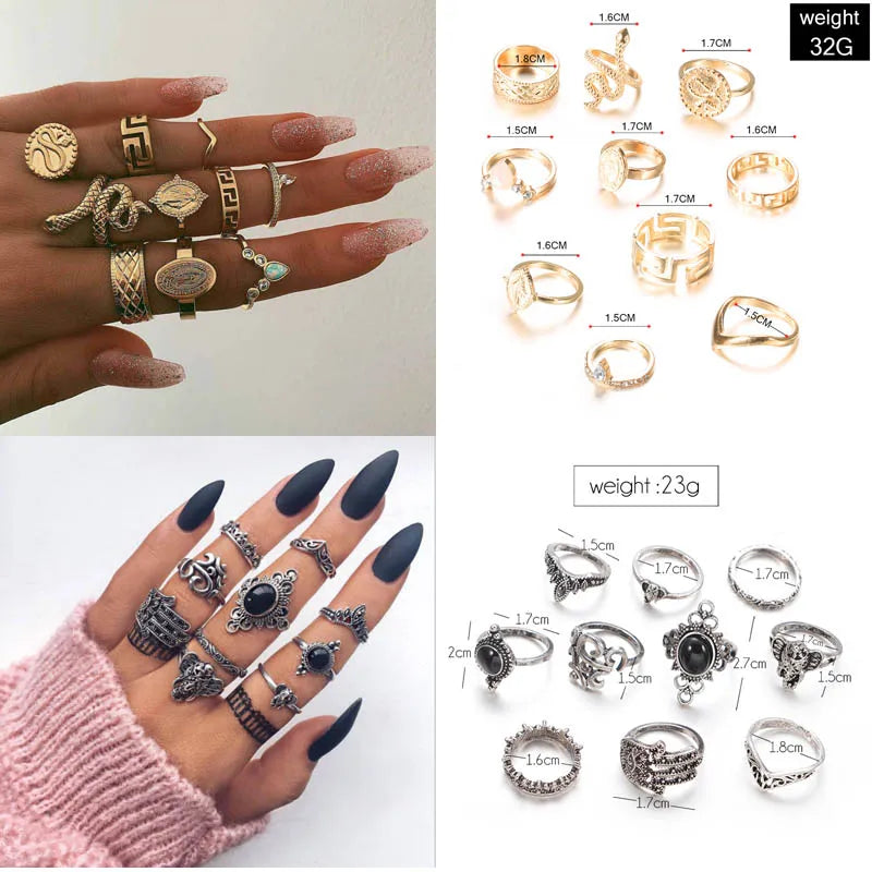 12pcs/Set Fashion Elephant Knuckle Rings Set For Women Crystal Stone Feather finger Ring Female Boho Party Jewelry Gift