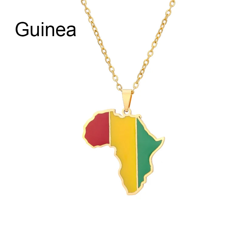 African Map Flag Pendant Necklace Stainless Steel Men Women Rwanda Sudan Uganda Zimbabwe Zambia Ethnic Maps Jewelry Gift