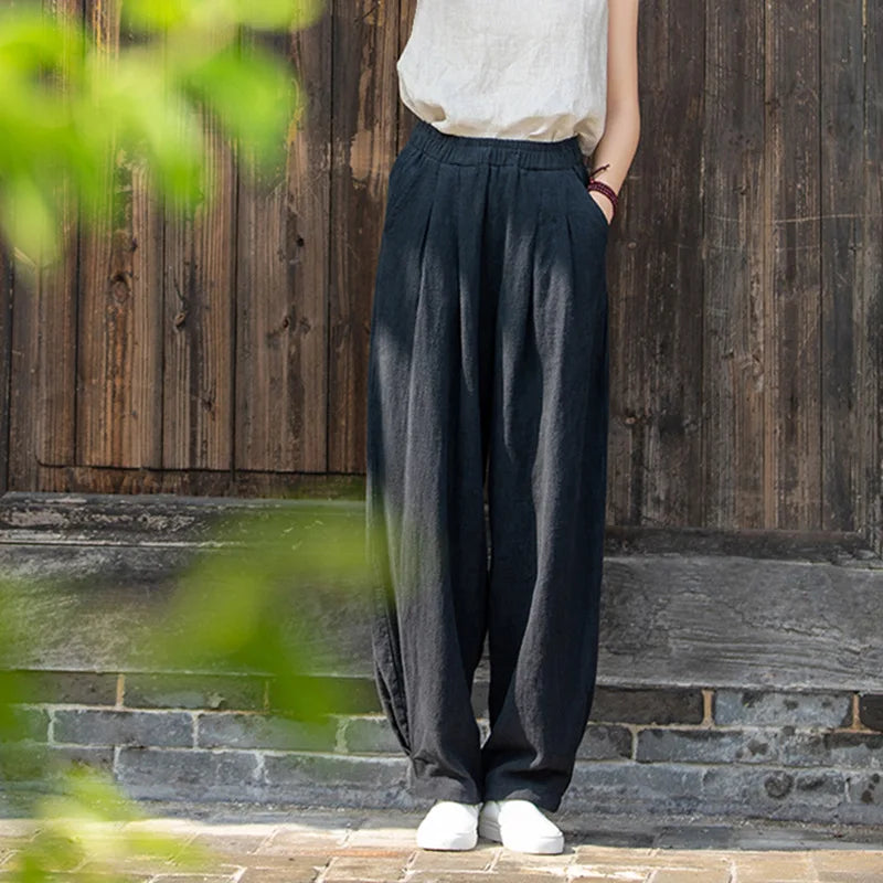 Johnature Women Loose Cotton Linen Casual Pants Solid Color Elastic Waist Lantern Pants 2025 Spring New Female Trousers