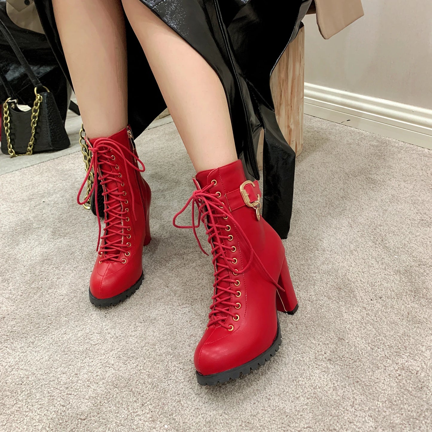 Women's Autumn Lace-Up Chunky Heel Ankle Boots with Belt Buckle Side Zipper High Heels Booties Lace Up Design Classic Lolita