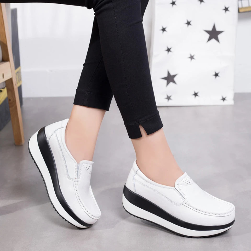 Women's Spring Autumn Genuine Leather Loafers - Fall Slip-On Round Toe Navy Platform Casual Flat Shoes
