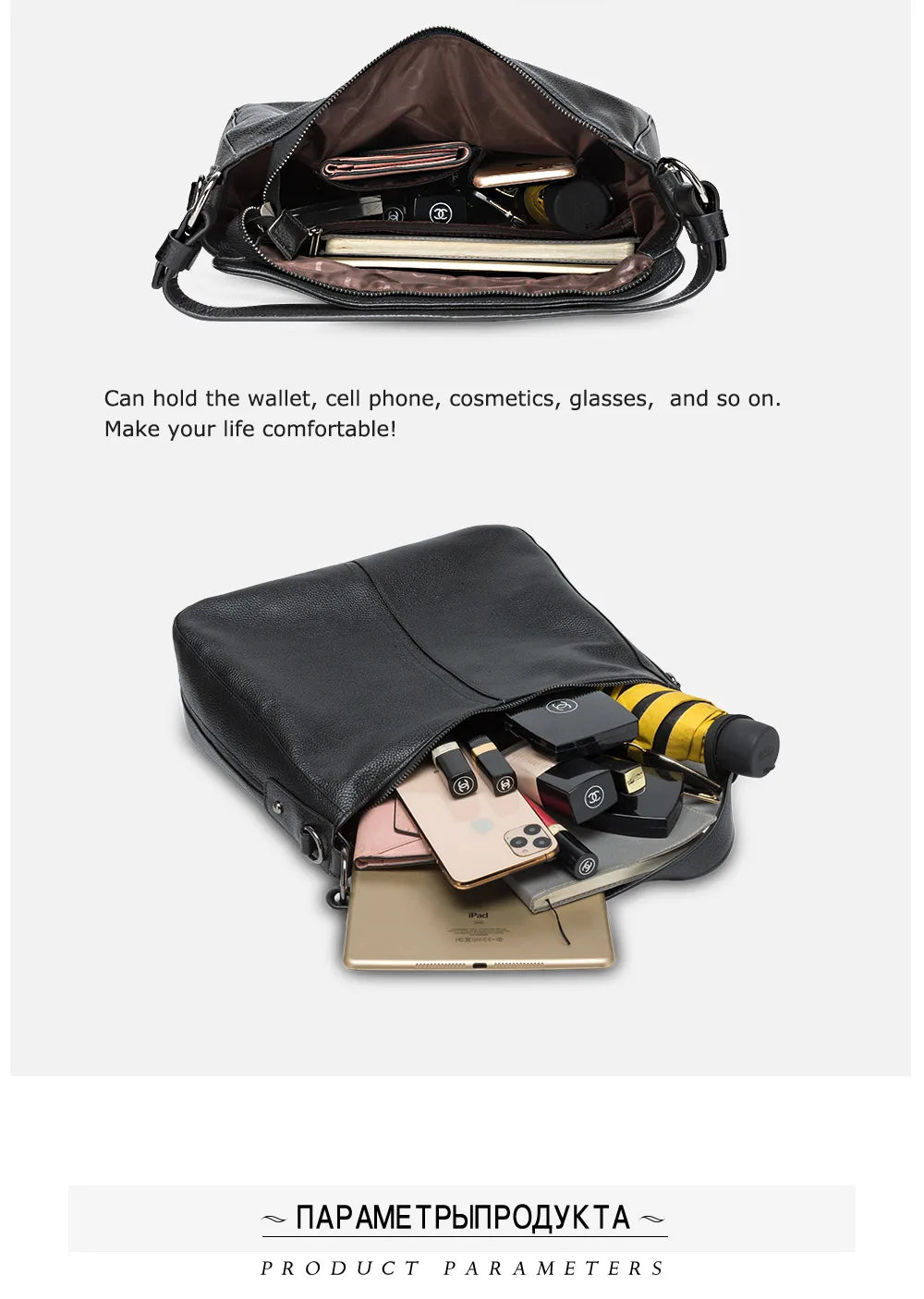 Zency 100% Genuine Leather Elegant Women Shoulder Bag Classic Black Hobos Roomy Casual Tote Handbag Crossbody Messenger Grey