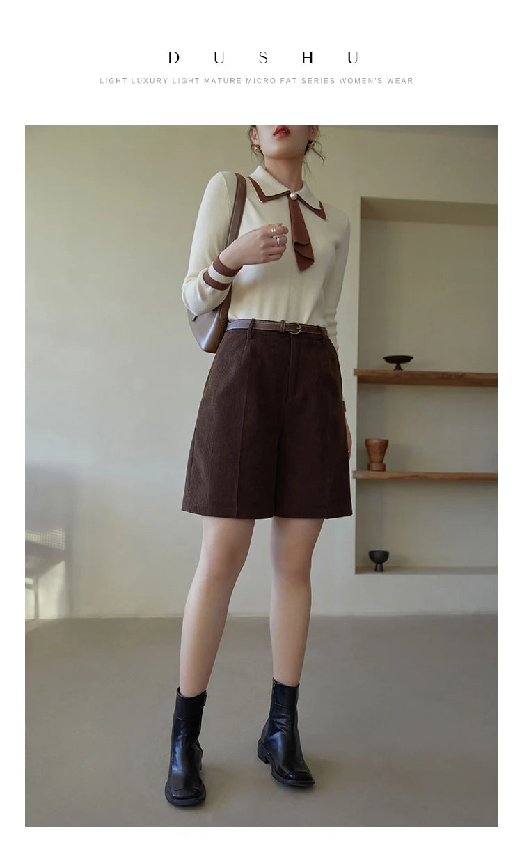DUSHU Women's Winter Retro Corduroy Black Padded Shorts Plaid Loose Commuter Wide Leg Short Pants Women High Waisted Pants