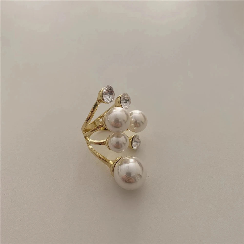 Elegant Retro Oversize Multi Pearl Rings for Women Lady Shiny Crystal Rhinestone Irregular Charm Open Rings Jewelry