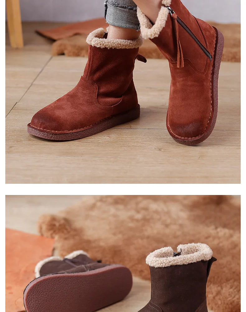 Careaymade-Genuine cow leather Snow cotton round head flats woolen short boots plush warm snow boots Oversized shoes size 35-43