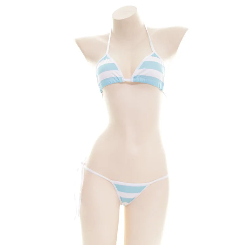 Sexy Women Underwear Set  Striped Bikini Thigh High Stocking Swimsuit Erotic Costumes Cosplay Japanese Anime Bra Briefs