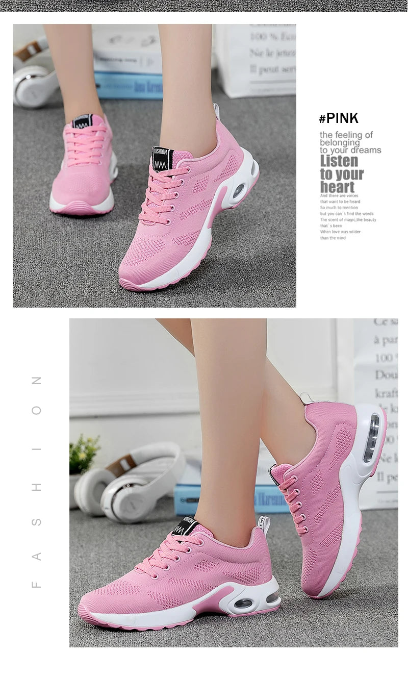 Women's Fashion Air Cushion Sports Running Flat Soft Bottom Sneaker Mesh Breathable Casual Shoes