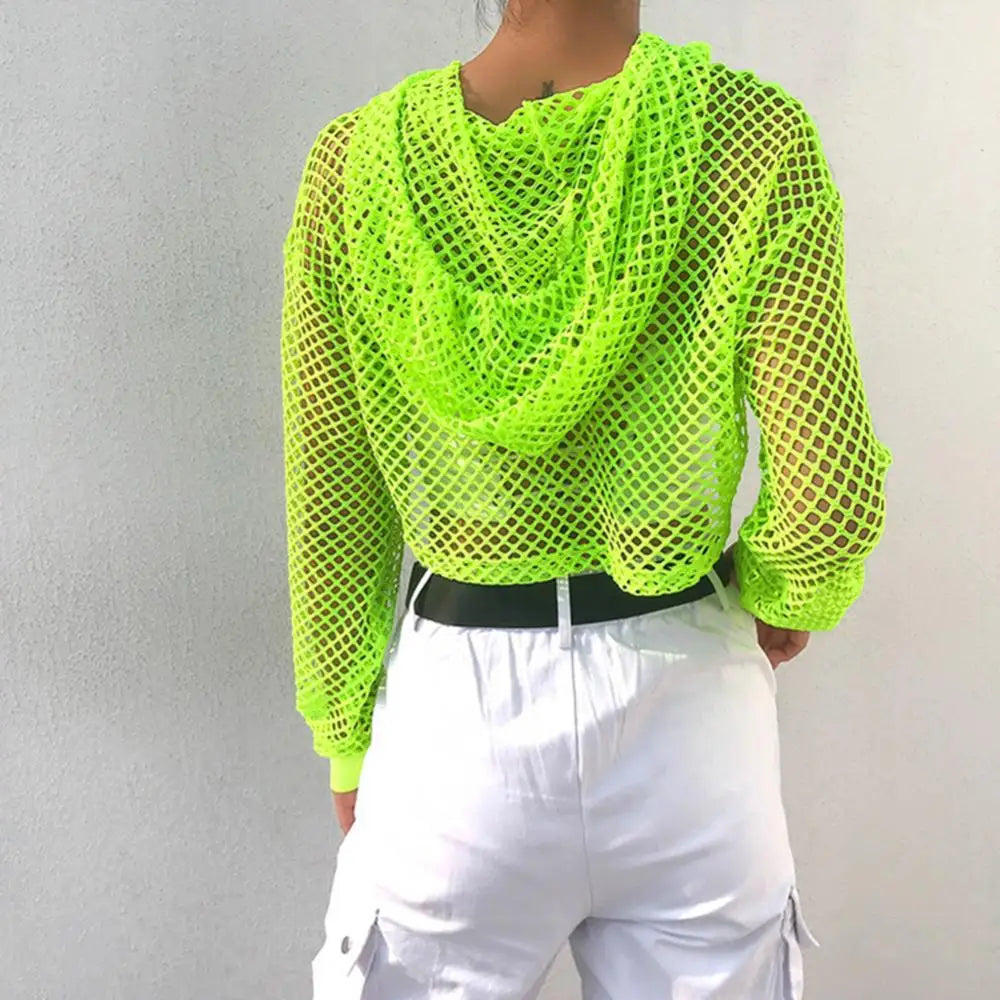 Hot Women t shirt Casual Vest Bra Cover Fish Net Hollow out Drawstring Micro Length Hoodie Crop Tanks Top Oversize Women t shirt