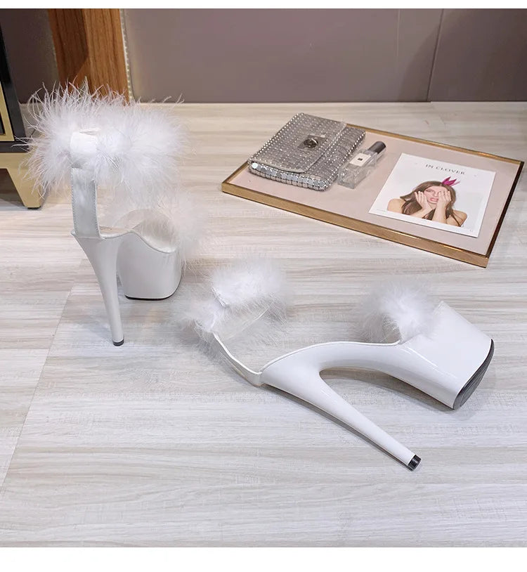 17CM Fur Womens Party Shoes Fashion 2023 Summer Sexy Exquisite Open Toe Ladies Shoes Female Stiletto Super High Heel Sandals