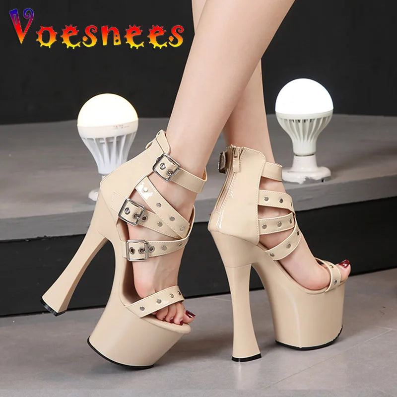 Summer Night Club Women Rivets Sandals 2021 New Thick High Heel Platform Lady Open Toe High Heels Fashion Belt Buckle Zip Shoes