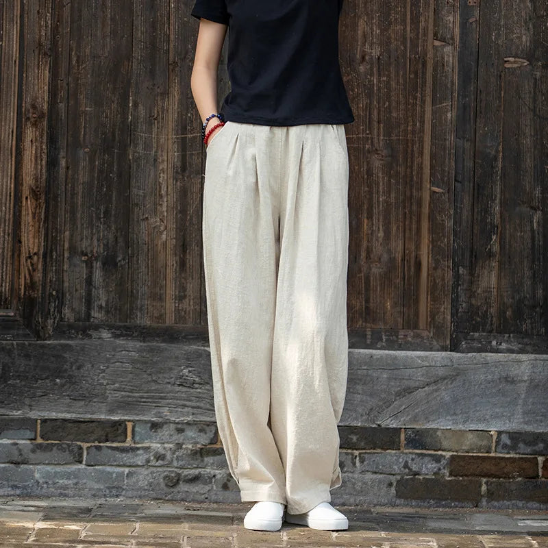 Johnature Women Loose Cotton Linen Casual Pants Solid Color Elastic Waist Lantern Pants 2025 Spring New Female Trousers