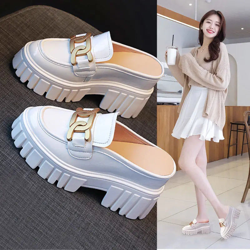 Leather Closed Toe Half Slippers Women Summer 2023 New Fashion Thick Bottom Internet Celebrity Lazy Sandals Shoes Women
