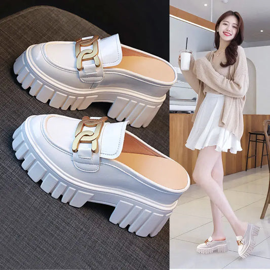 Leather Closed Toe Half Slippers Women Summer 2023 New Fashion Thick Bottom Internet Celebrity Lazy Sandals Shoes Women