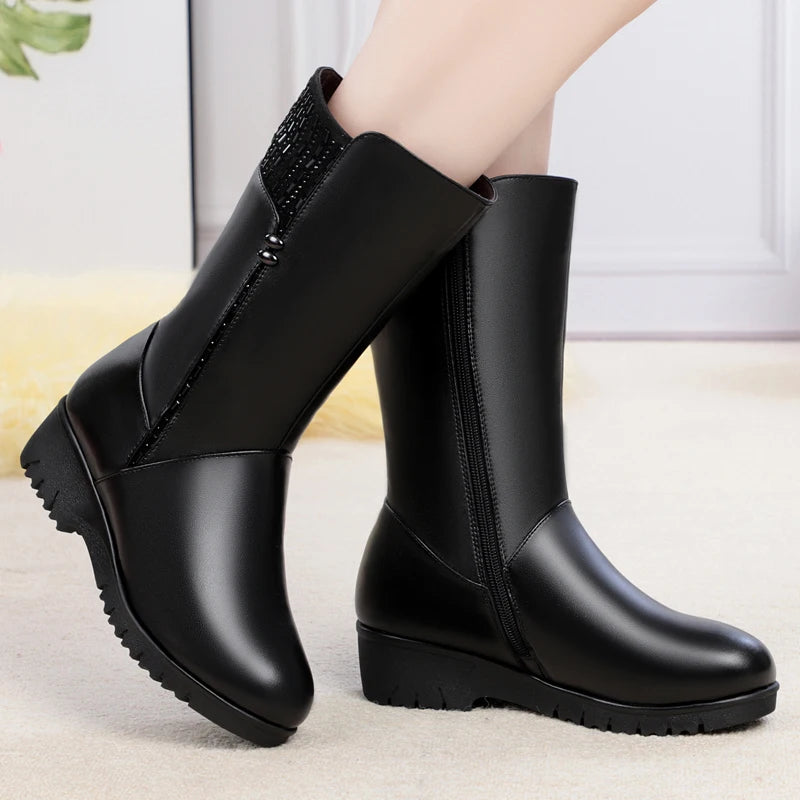 GKTINOO 2026 New Winter Cow Leather Boots For Women Shoes Wedges Inside Plush Wool Snow Boots Plus Size In-tube Boot Women Boots