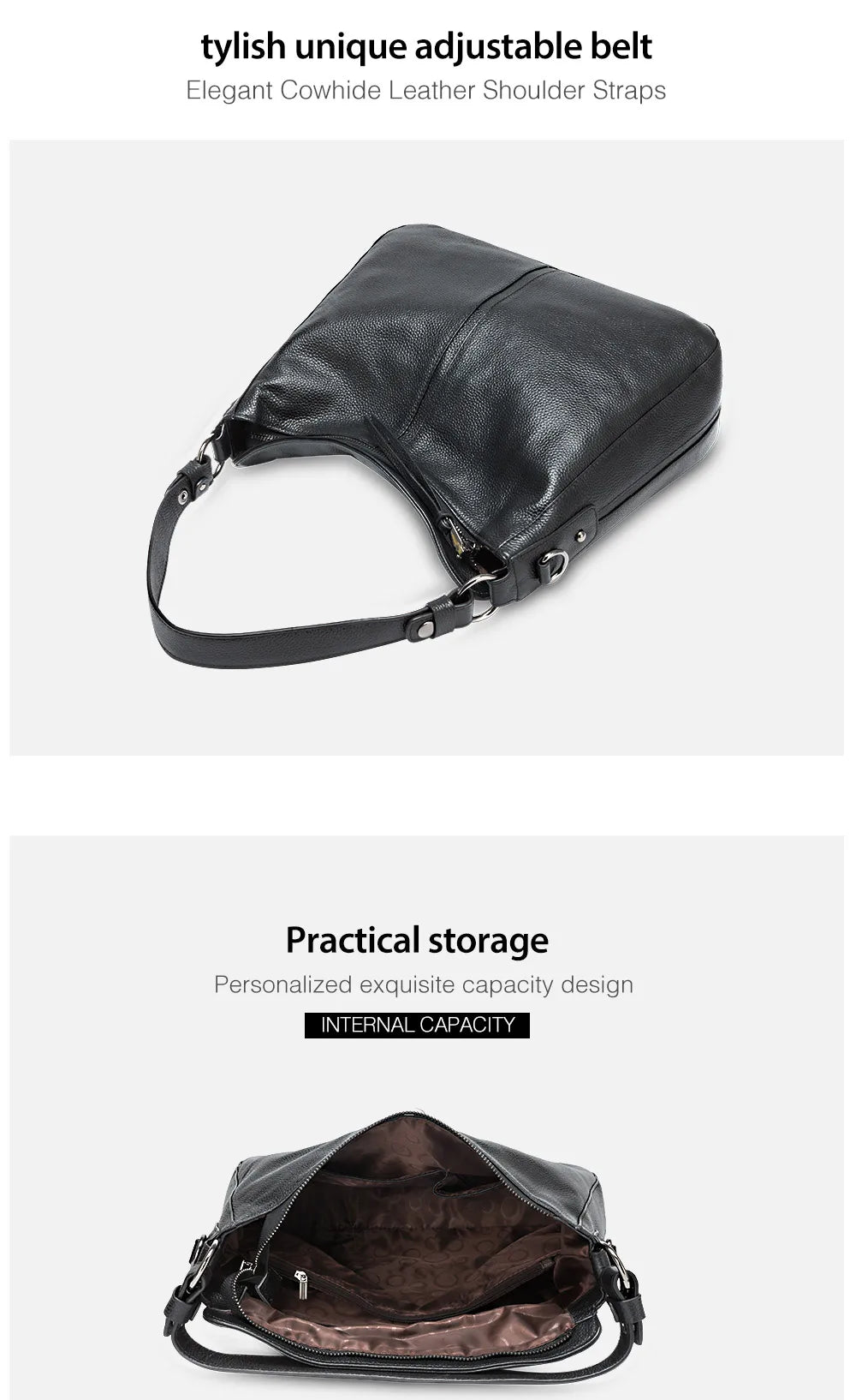 Zency 100% Genuine Leather Elegant Women Shoulder Bag Classic Black Hobos Roomy Casual Tote Handbag Crossbody Messenger Grey