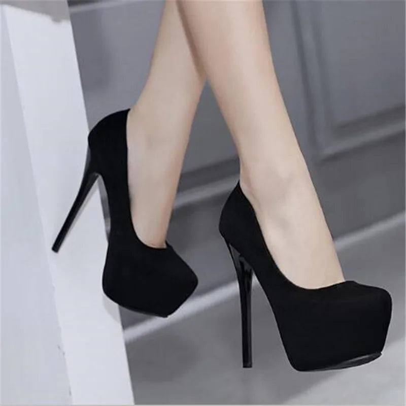 Women's Super High Heels Flock Platform Pumps Night Club Sexy Thin Heel plus Size Big Footwear 14cm