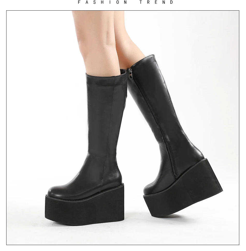 Gdgydh Matte Black Knee High Boots Women Platform Wedges High Heels Thick Bottom Ladies INS Hot Winter Fashion Elegant Drop Ship