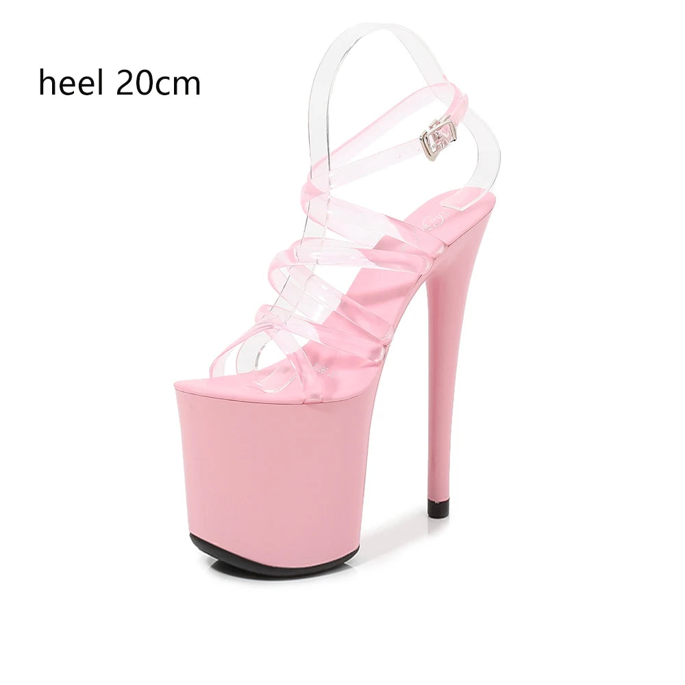2022 Summer 15cm 17cm 20cm Transparent PVC Strap Sandals Women High Heels Platform Shoes Woman Cross Strap Sandals Big Size 43
