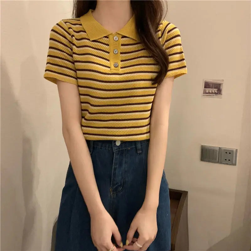 Woman TShirts Top Summer Women's 2021 Striped Knitted Short-Sleeved  Crop Top Mujer Camisetas